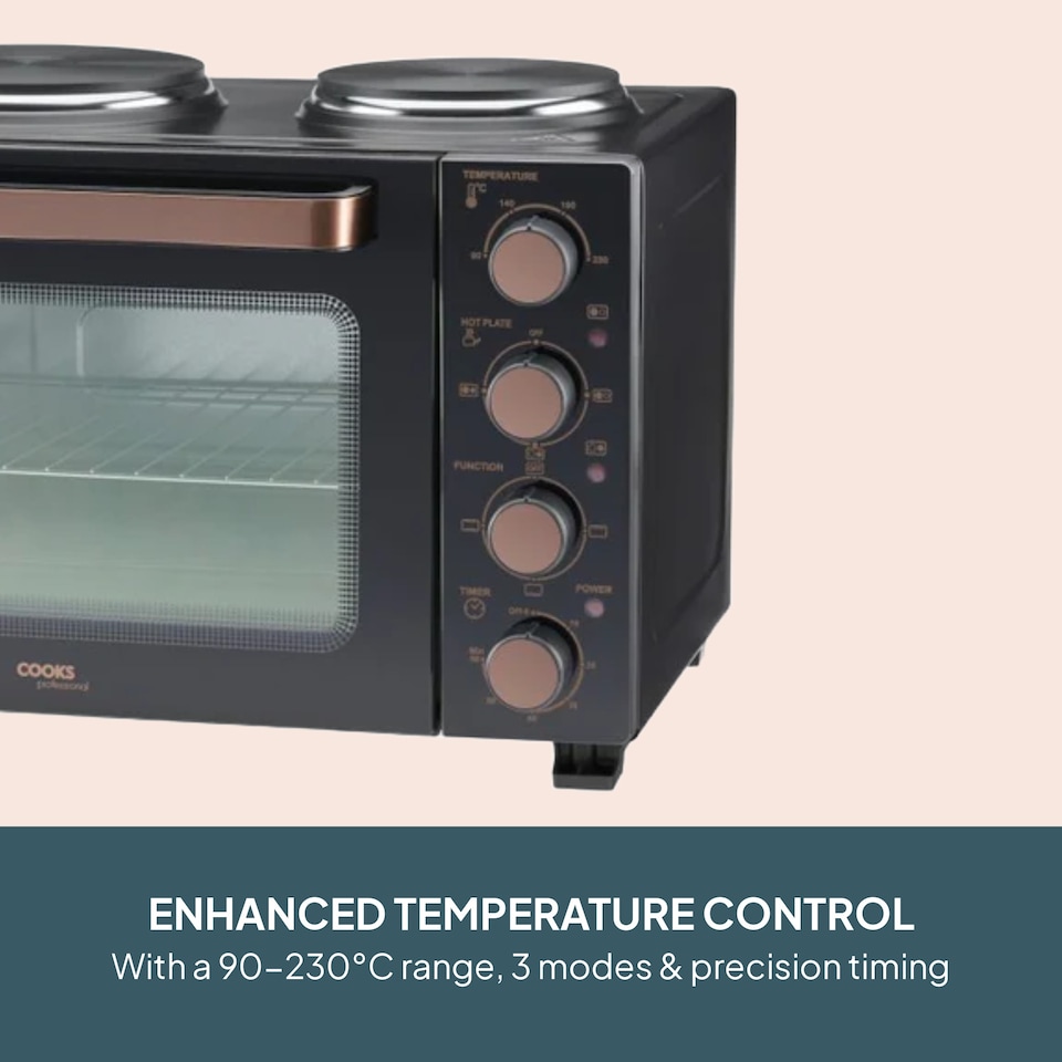 image 1 of Cooks Professional 28L Mini Oven with 2 Hobs - Electric Multifunction Countertop Cooker | Black | Black & Copper