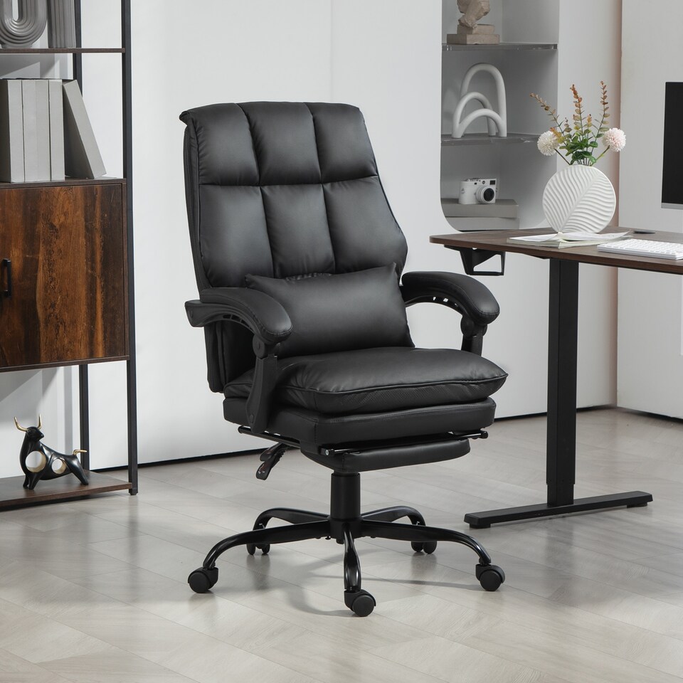 image 1 of HOMCOM Executive Office Chair with Footrest, PU Leather High Back Desk Chair with Lumbar Support, Swivel Computer Chair with Adjustable Height and Padding Armrests, Black