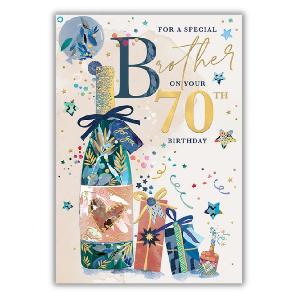 Words 'n' Wishes Special Brother 70th Birthday Card - Happy Birthday Card for Men Age 70 with Contemporary Star and Presents Design with an Embossed Foil Finish