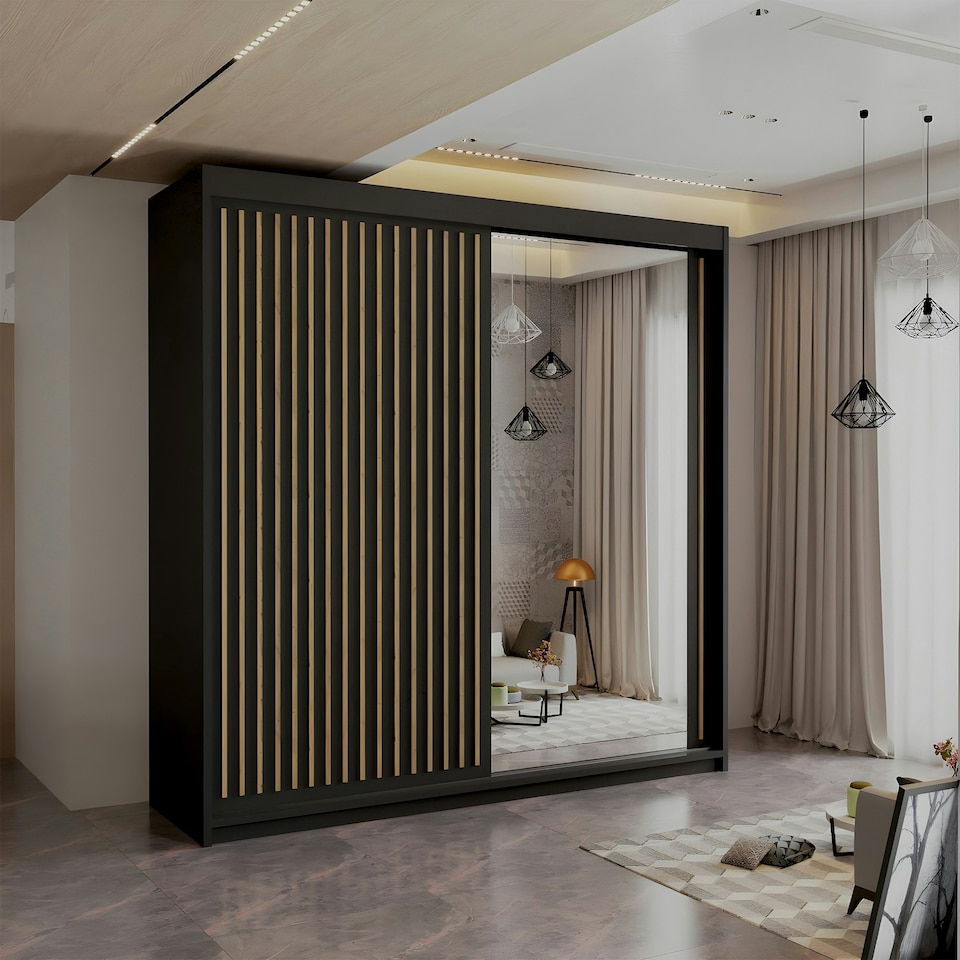 image 1 of Modern Vertical Panelled Sliding Wardrobe 150cm | White/Black/Grey/Oak 2-Door Bedroom Storage Black | Oak150cm