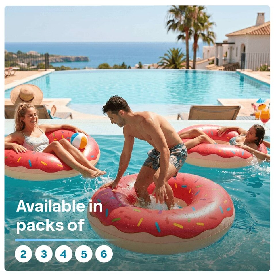 image 1 of Inflatable Pink Doughnut - 42 inches/107cm Donut with Pink Icing Design - Adults Kids Boys Girls Fun Summer Activity Pool Party Beach Day Swimming Toy Float
