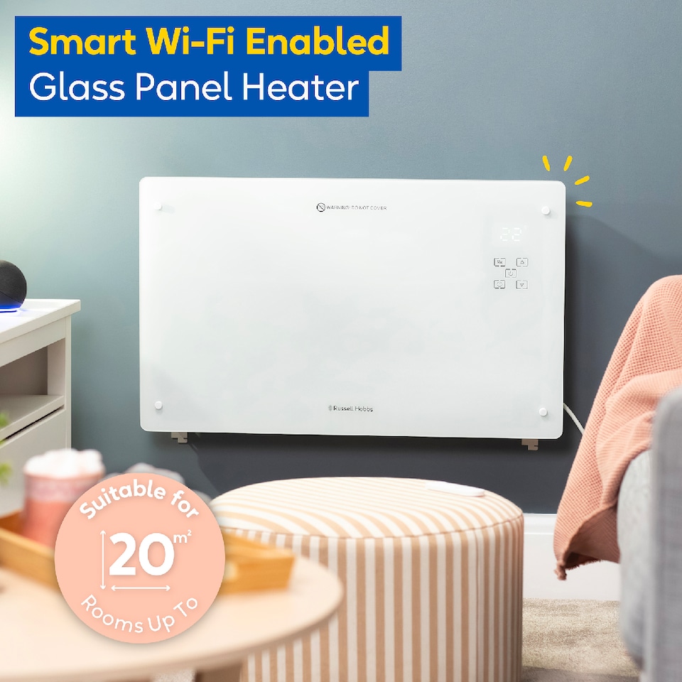 image 1 of Russell Hobbs RHPANH2006W Glass Panel Electric Heater 2000W Smart Wi-Fi Enabled in White