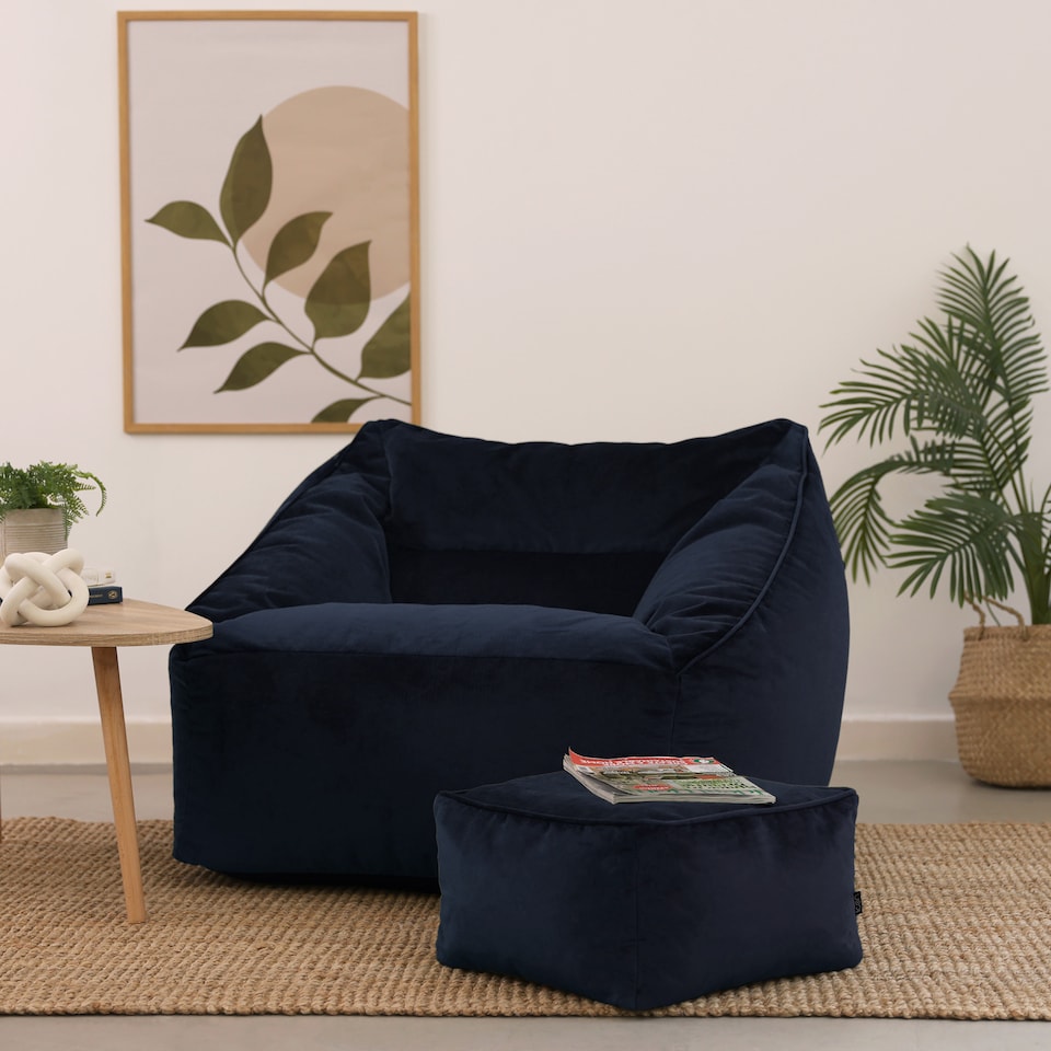 image 1 of Natalia Velvet Adults Bean Bag Armchair and Pouffe, Ready Filled Large Beanbag Midnight Blue | Blue | Midnight Blue | XL | 2
