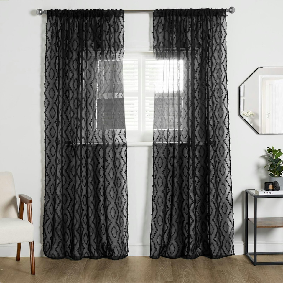 image 1 of OHS Diamond Tufted Textured Slot Top Sheer Net 2 Panel Voile Curtains, 55x87" - Black