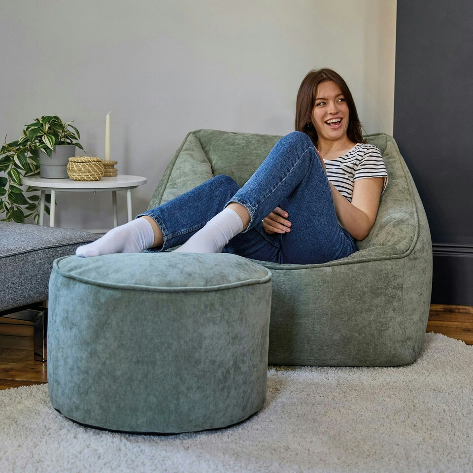 image 1 of icon Natalia Chenille Adults Bean Bag Armchair and Pouffe, Ready Filled Large Beanbag and Footstool Sage Green Green | Green