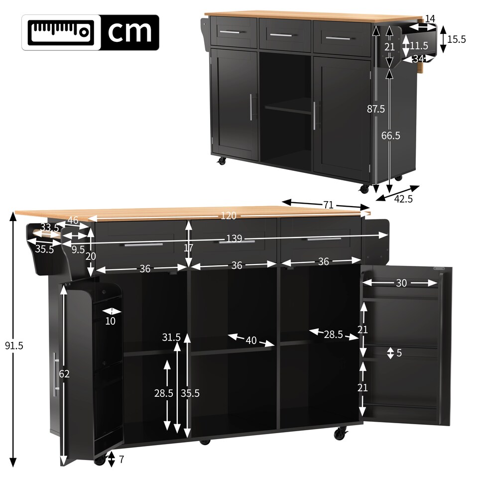 image 1 of VILUXE Mobile Kitchen Island with Foldable Marble-Effect Worktop, 3 Drawers, Adjustable Storage, Towel Holder, Wheels and Solid Wood Feet, Black and Natural Wood