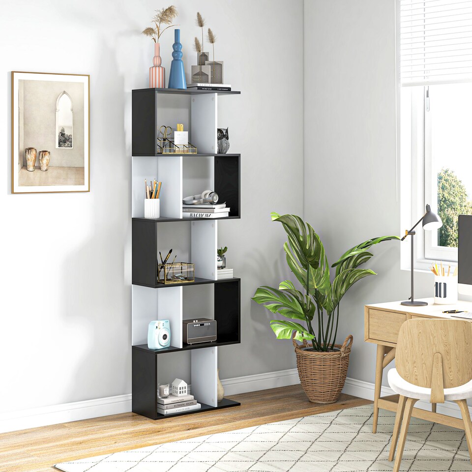 image 1 of HOMCOM Bookcase, S-Shaped Wooden Bookshelf, 5 6 Tiers Freestanding Storage Shelf, Home Office Decorative Display Stand Rack, Black and White, 24D x 60W x 184.5H