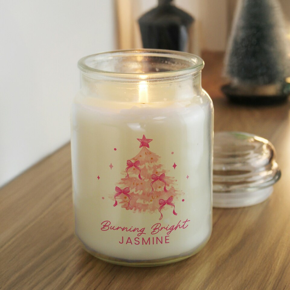 image 1 of Personalised Pink Christmas Tree Large Candle Jar