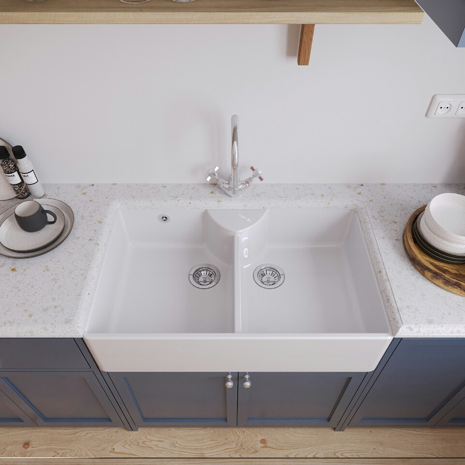 image 1 of 895mm - Double Bowl Fireclay Butler Kitchen Sink - Stepped Weir, Mixer Tap & Wastes
