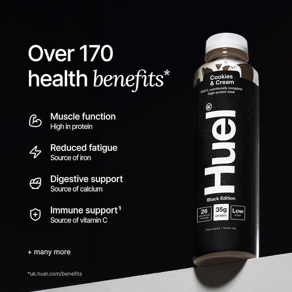 image 1 of Huel Ready-to-Drink Meal, BLACK EDITION Cookies & Cream Protein Drink, 500ml Bottles (Pack of 8) - Protein Shakes, Pre-Portioned Meal, 35g of Protein per Bottle