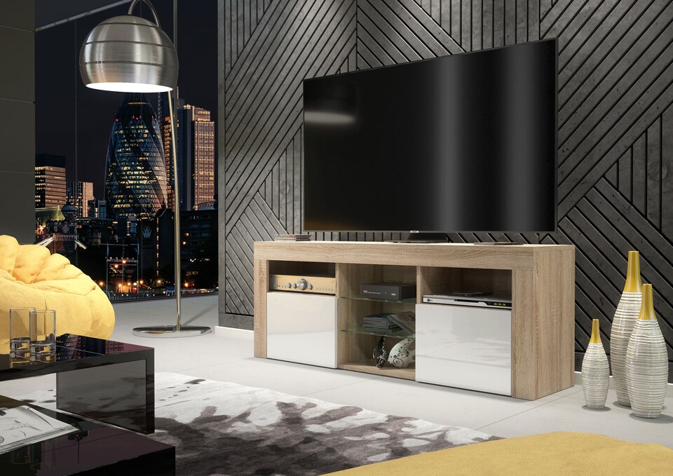 image 1 of TV Unit TV Stand Oak White Gloss Media Console Sideboard Storage Cabinet 145cm
