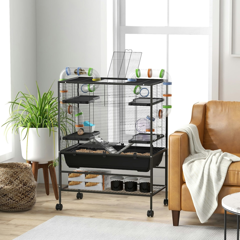 image 1 of PawHut Large Hamster Cage, Rat Cage w/ Wheels, Tubes, Storage Shelf, Ramps