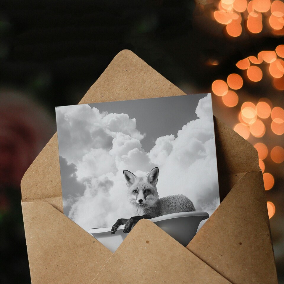 image 1 of Fox in Bathtub in a Field Black White Surreal Birthday Greeting Card