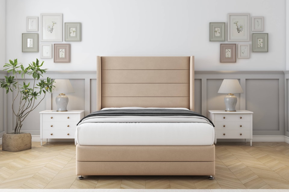 image 1 of Sloomy Sterling Pebble Plush Divan Bed Base No Drawers With 54 Inch Wingback Headboard & 12 Inch Matching Footboard | Brown | Pebble | Small Double | 1