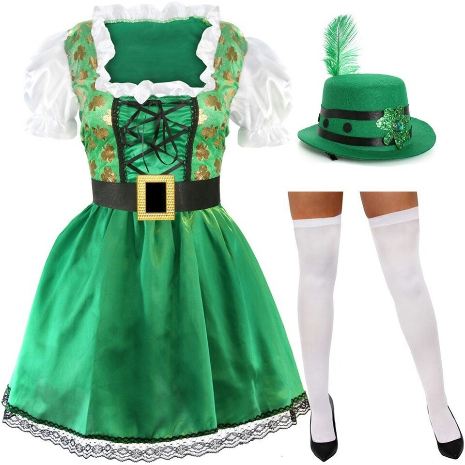 image 1 of Irish Shamrock Dress & White Stockings | Green | 2XL