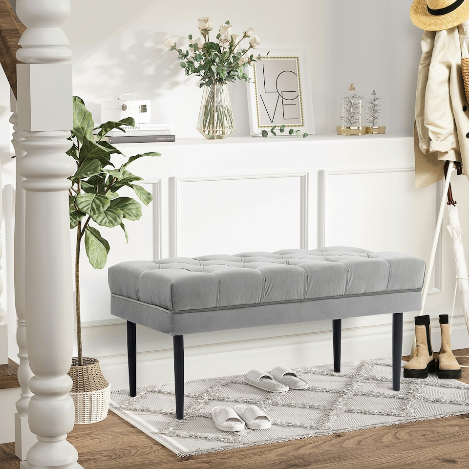 image 1 of HOMCOM Bed End Bench Button Tufted Upholstered Window Seat for Living Room Grey