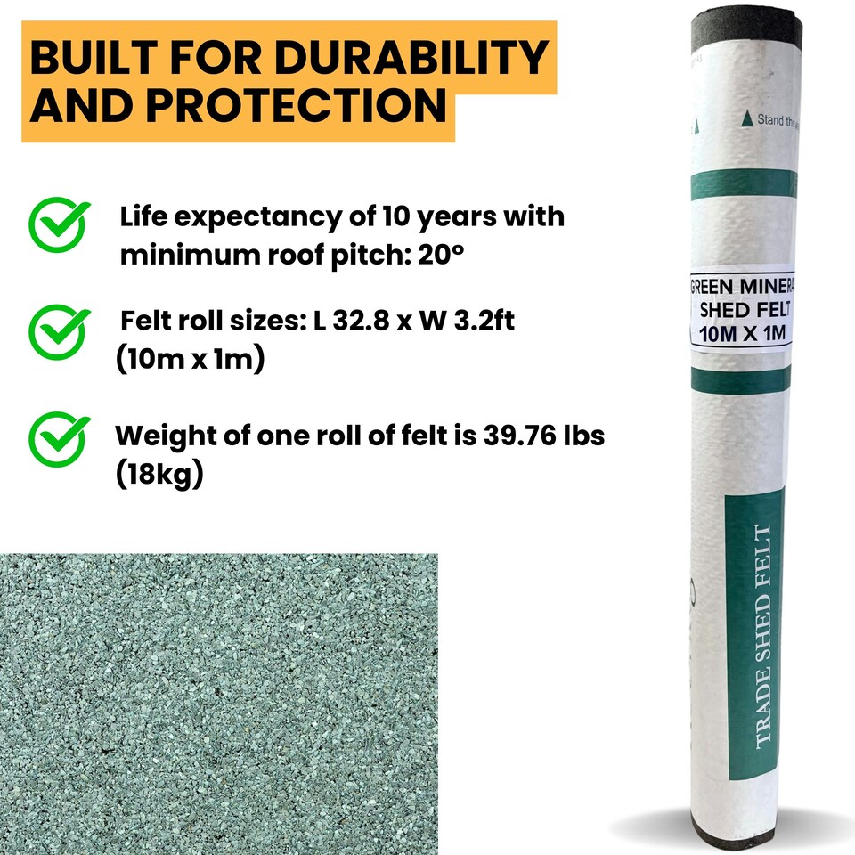 image 1 of NOVECRAFTO Standard Grade Shed Roof Felt – Heavy-Duty Mineral Roofing Felt for Sheds, Summerhouses & Kennels – Durable, Weatherproof Covering Green | 10m x 1m