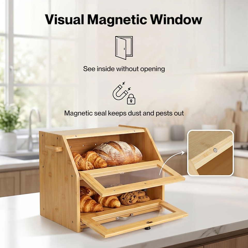 image 1 of TOQUE 33L Bamboo Bread Bin with Cutting Board, Bread Storage Box, Natural