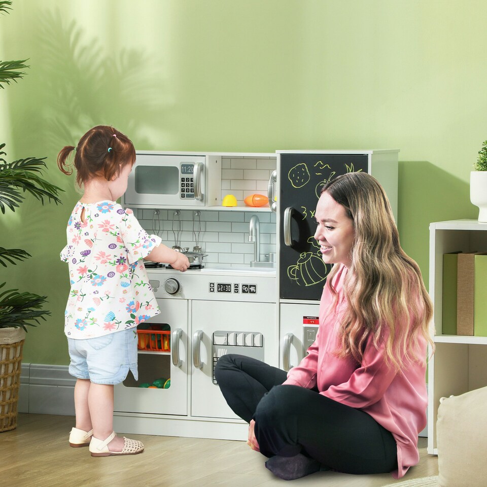 image 1 of AIYAPLAY Play Kitchen, Pretend Toy Kitchen with Toy Phone, Chalkboard, White