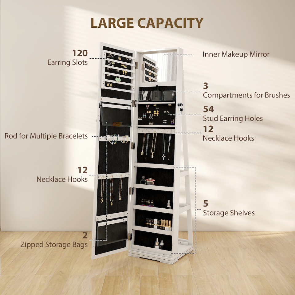 image 1 of HOMCOM 360  Swivel Jewellery Cabinet, Free Standing Full Length Mirror with Storage, Lockable Jewellery Organiser with Built-in Makeup Mirror and Storage Shelves for Bedroom, White