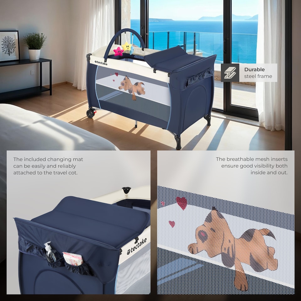 image 1 of Travel Cot Dog - foldable, with changing mat, for children up to 36 months | Blue | blue | 132 x 75 x 104 cm | 1