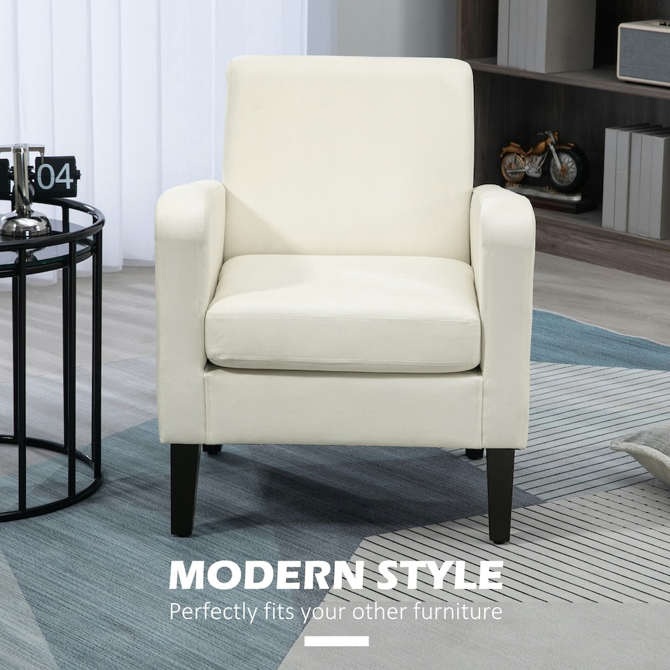 image 1 of HOMCOM Modern Armchair Accent Chair with Rubber Wood Leg for Bedroom Cream White
