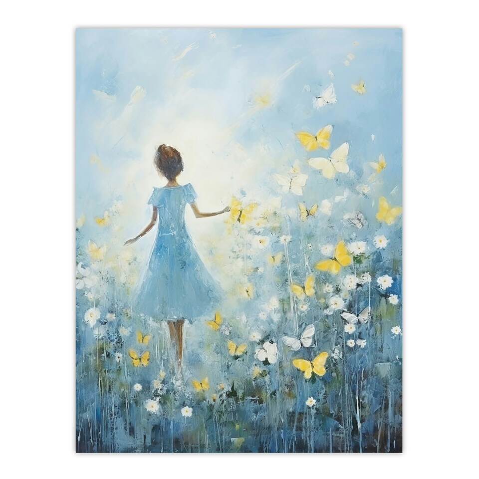 image 1 of Girl Wildflower Meadow Oil Soft Yellow Home Decor Black Framed Wall Art Print A4