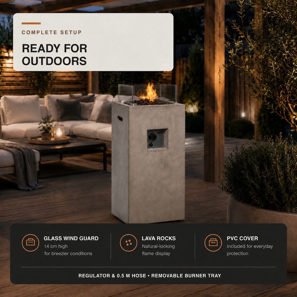 image 1 of Teamson 42cm Gas Fire Pit Column with Glass Wind Guard & Lava Rocks