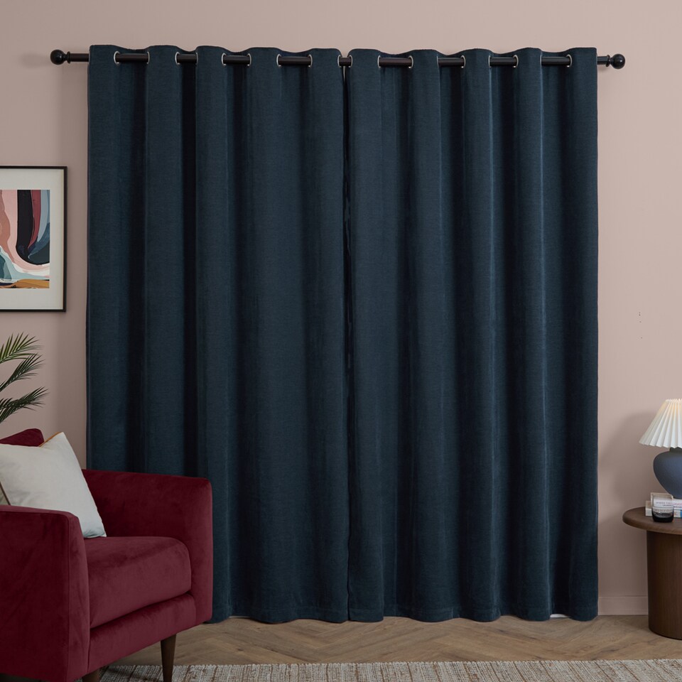 image 1 of Furn Soft Chenille Blackout Eyelet Curtain Pair, 229cm width x 229cm drop | Blue | Navy | 1