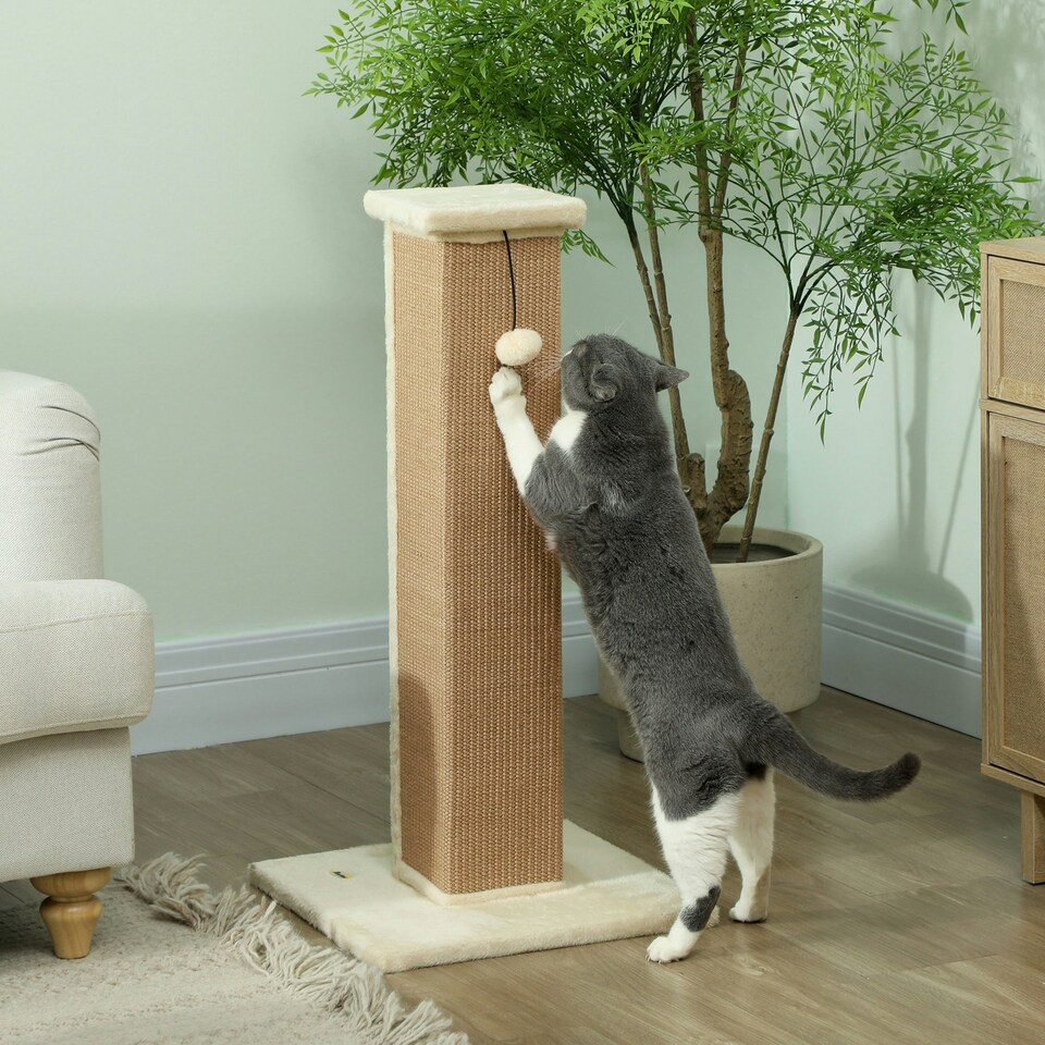 image 1 of PawHut Cat Scratching Post with Vertical Sisal Rope Ball Plush, 81cm, Beige