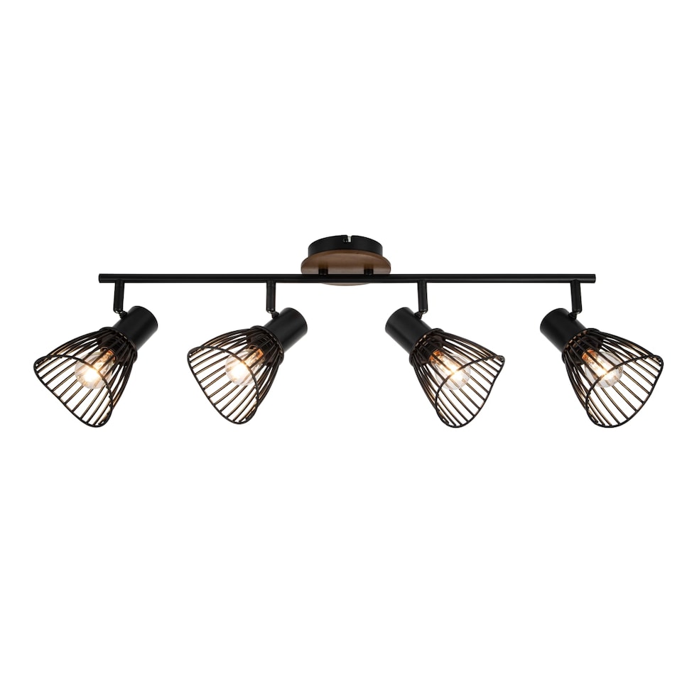 image 1 of COSYLYTE Hadley 4 Light Matt Black Wire Shade Spotlight with Wooden Backplate | Black | Walnut wood | 1