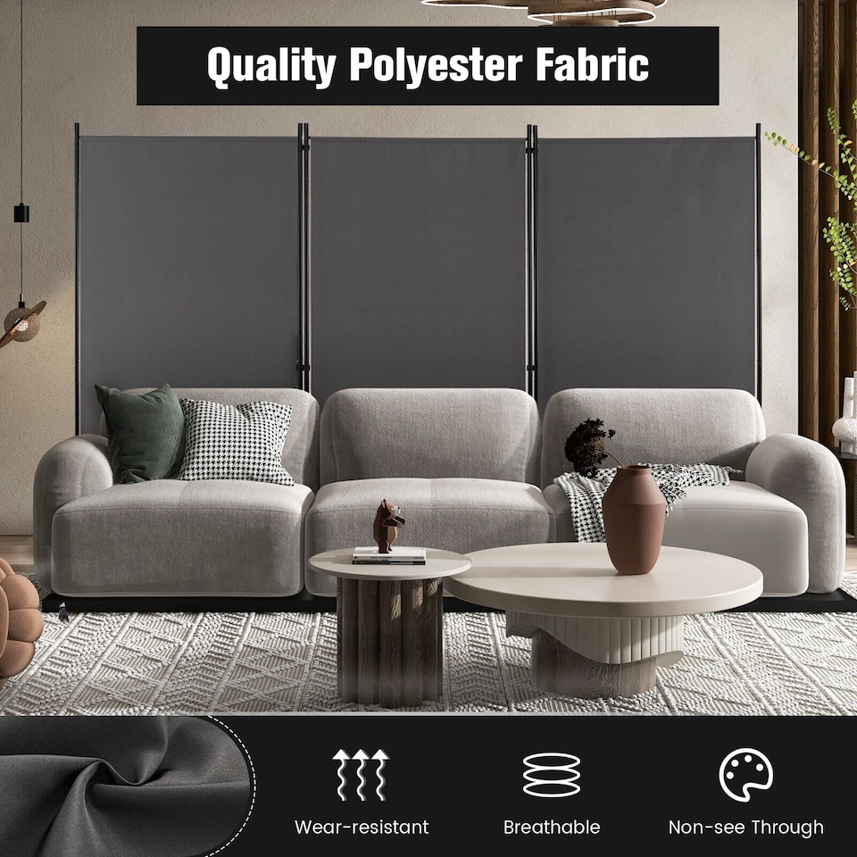 image 1 of COSTWAY 3 Rolling Privacy Screens Freestanding Panel Room Divider on Wheels Grey