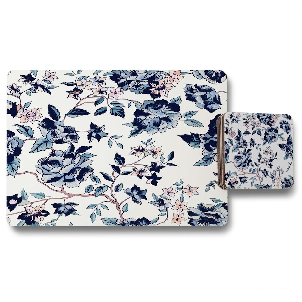 Blue Flower Illustrations (Placemat & Coaster Set)