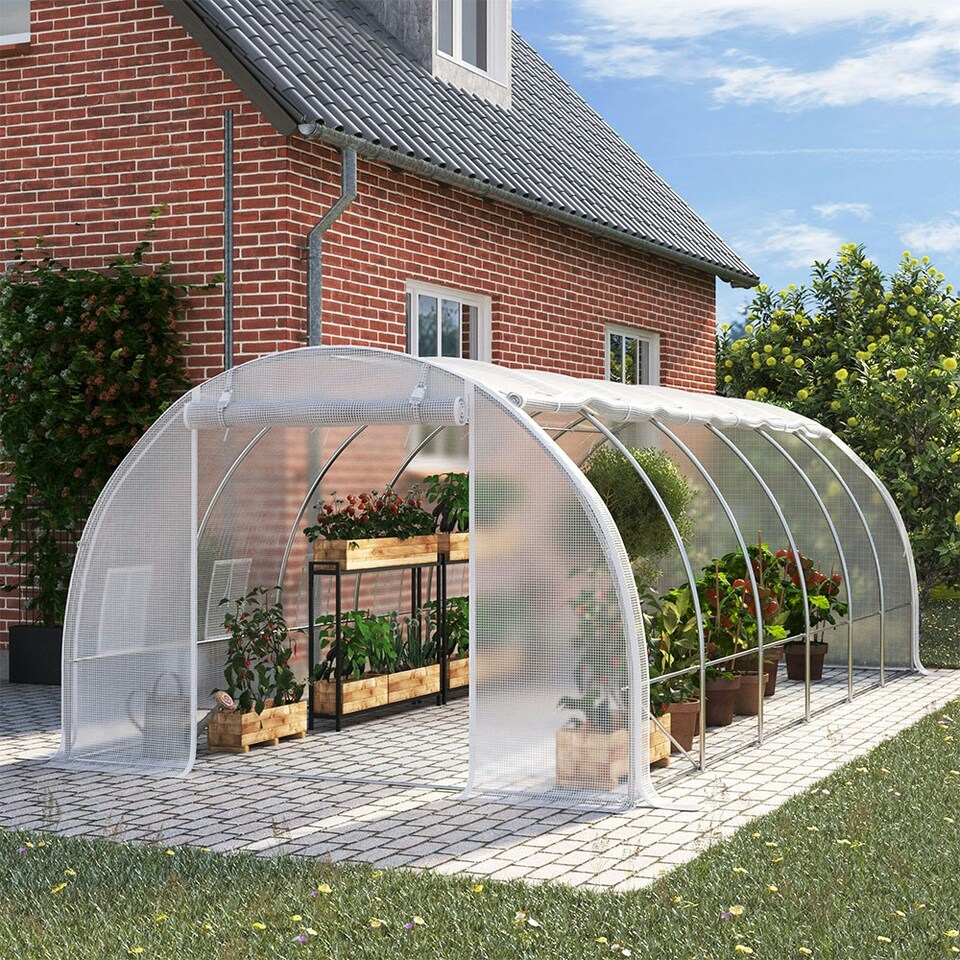 image 1 of Living and Home Outdoor Walk-in Tunnel Greenhouse with Steel Frame - White