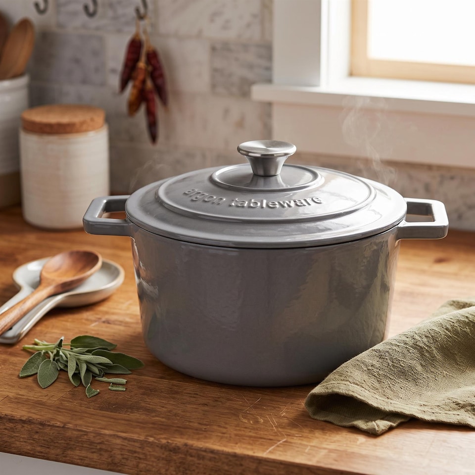 image 1 of Argon Tableware 2.3L & 4.5L Shallow Cast Iron Casserole Dish Set with Self-Basting Lids - Dutch Oven Roasting Pot | Grey | Slate Grey