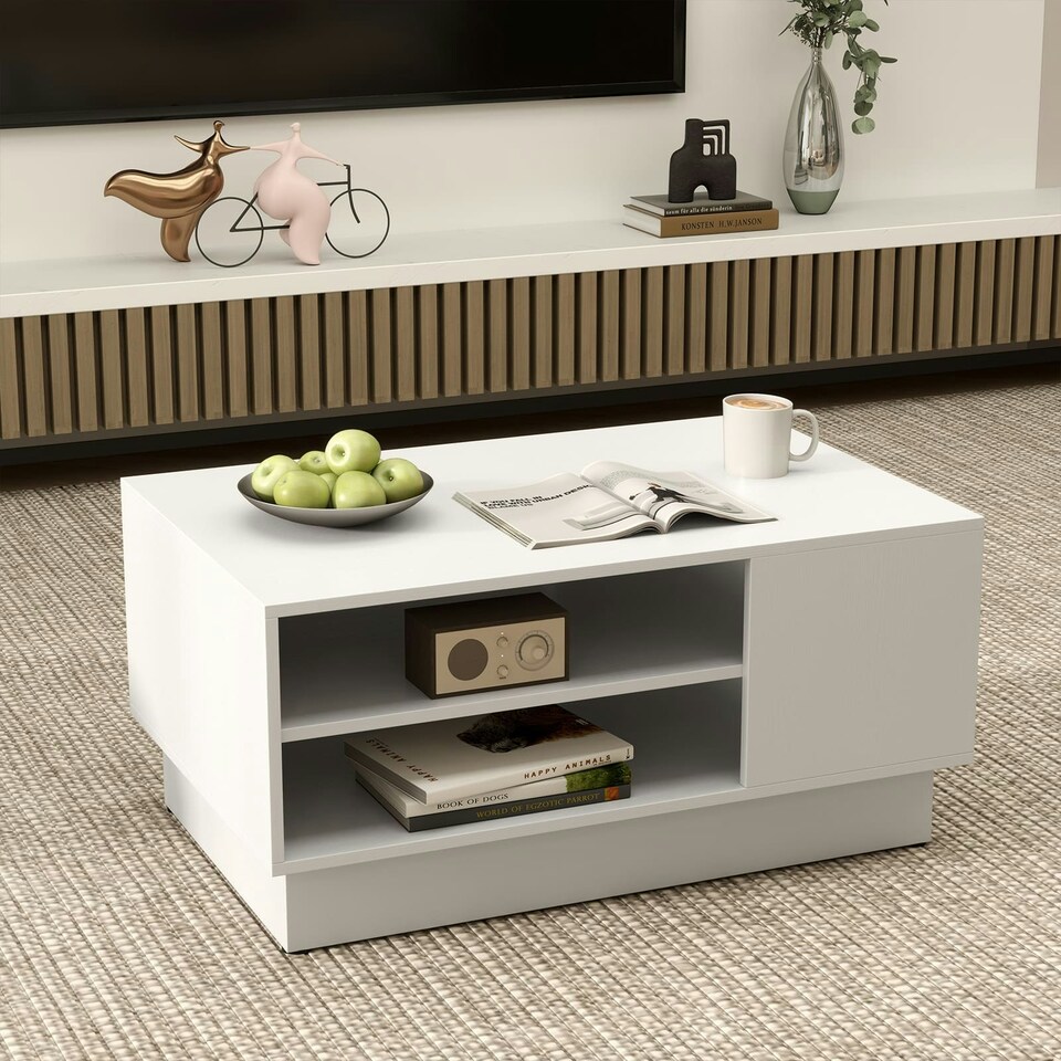 image 1 of COSTWAY Modern Coffee Table w/Storage Shelves White White
