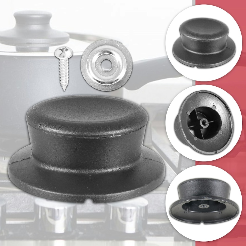 image 1 of SPARES2GO Pan Lid Knob Handle Kitchen Cookware Black Round Curved Hand Grip Replacements (Pack of 2) Black
