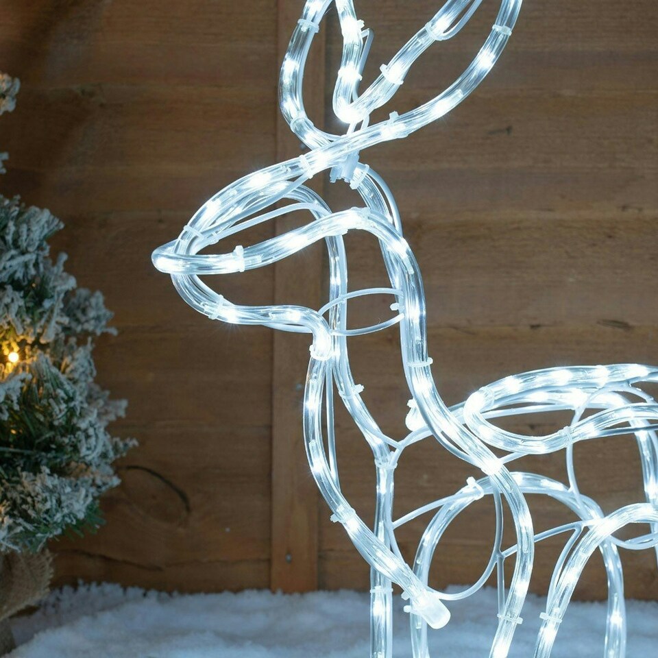 image 1 of ValueLights Set of 2 Standing Reindeer and Xmas Gift Present Rope Light Cool White Indoor / Outdoor Decoration