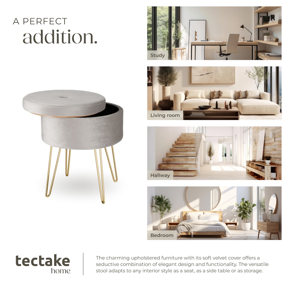 image 1 of Stool Ava - round, padded velvet look, with storage space | Grey | light grey | 37,50 x 37,50 x 44,50 cm | 1
