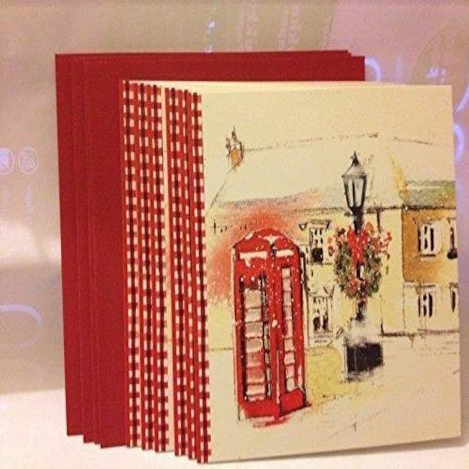 image 1 of Pack of 6 'Red Telephone & Lanterns' Design Christmas Greeting Cards