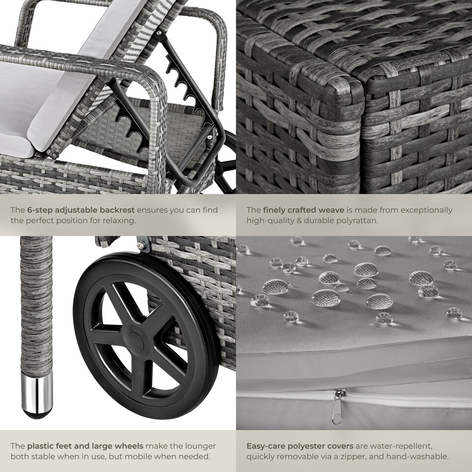 image 1 of Sun Lounger - 6-position backrest, weather and UV-resistant, soft pillow, two wheels | Grey | grey/light grey | 1