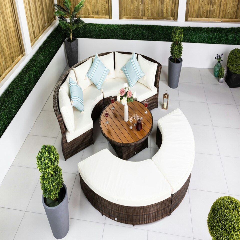 image 1 of GIardino 3-in-1 Rattan Garden Sofa Daybed Set Water Resistant Assembled Brown | Ivory