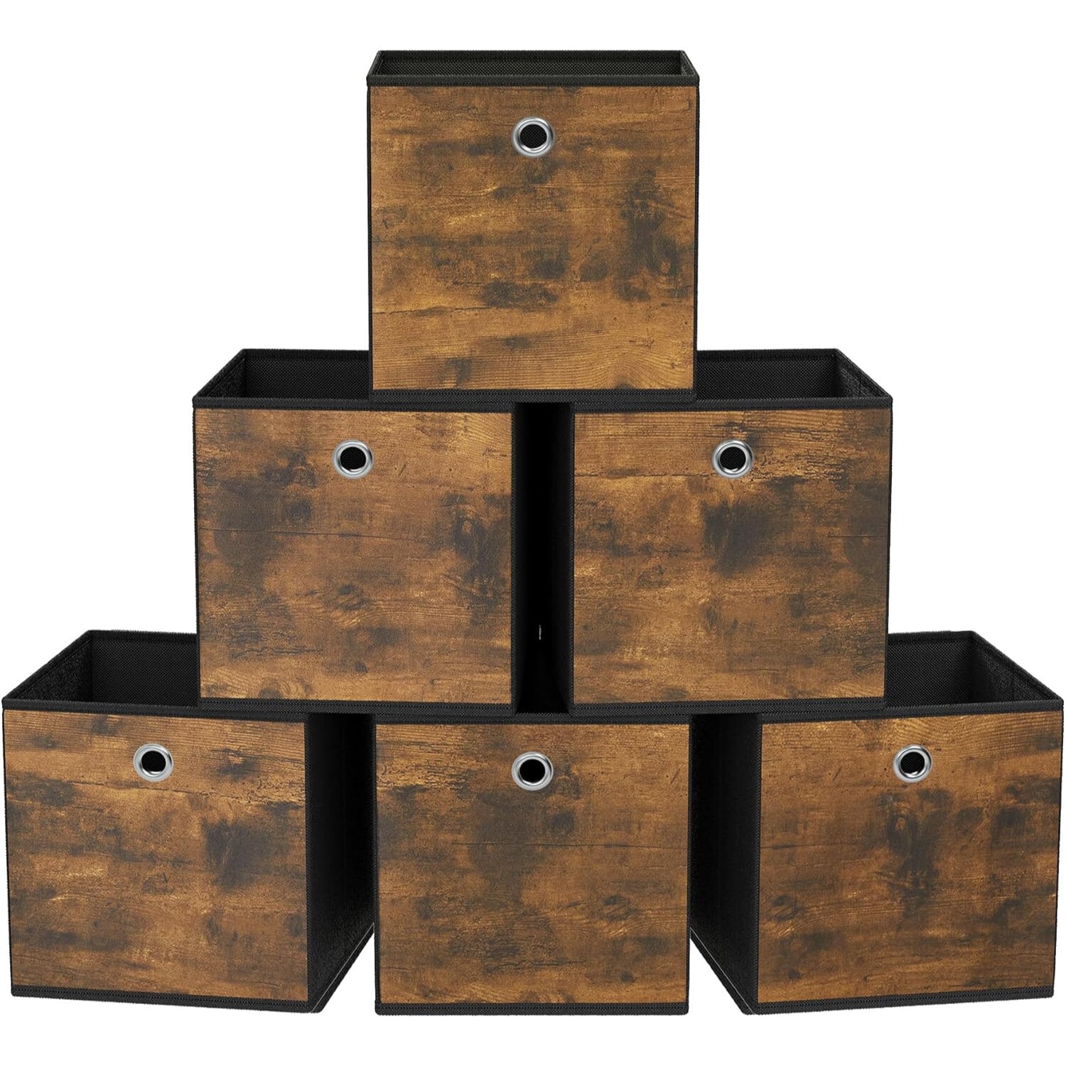 Set of 6 Fabric Storage Cube Bins, Durable Oxford Material Organisers, Rustic Brown and Black