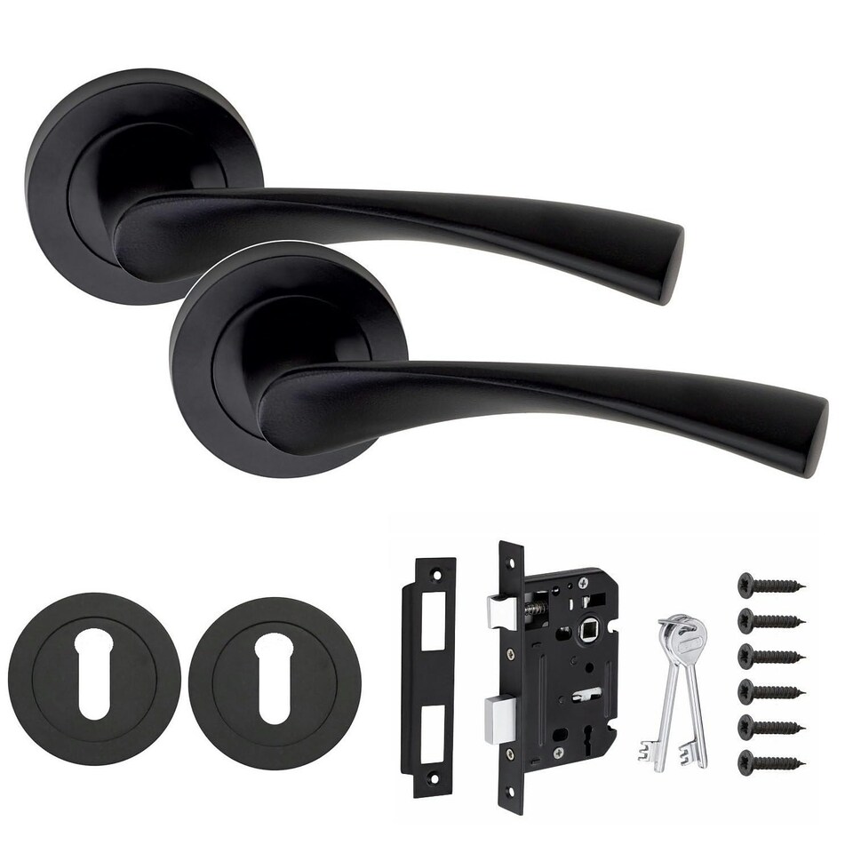 image 1 of Golden Grace Astrid Design Key Lock Door Handles Set on Round Rose in Matt Black Finish with 64mm 3 Lever Mortise Lock & Key Hole Black