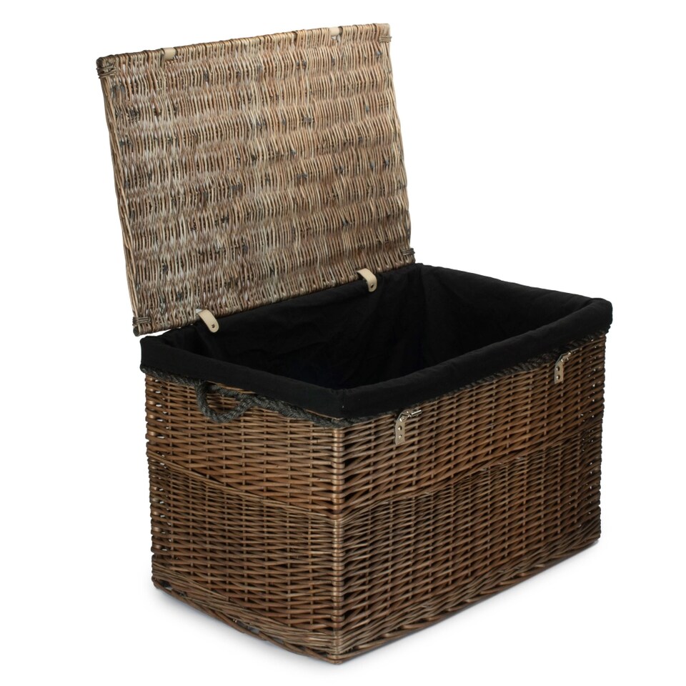 image 1 of Large Antique Wash Storage Wicker Basket with Black Lining | Black | Black
