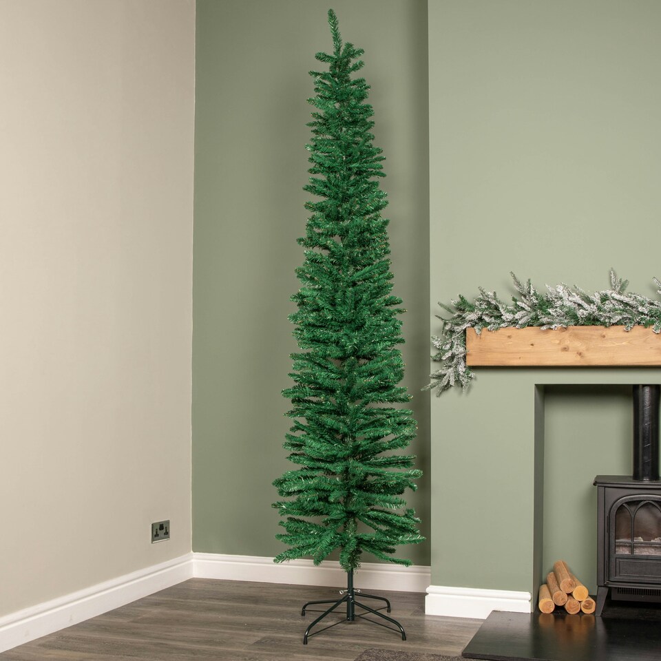 image 1 of 8ft (2.4m) Green Artificial Pencil Christmas Tree With Green Metal Stand and 460 Tips