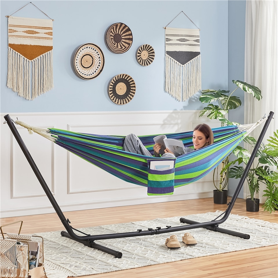 image 1 of Yaheetech Outdoor Hammock with Adjustable Steel Stand-Blue Green Stripe
