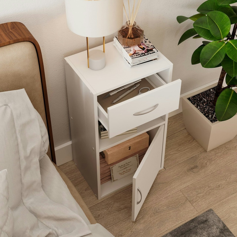 image 1 of 1-Drawer 1-Door Wooden Bedside Table White | Unit Colour: White
