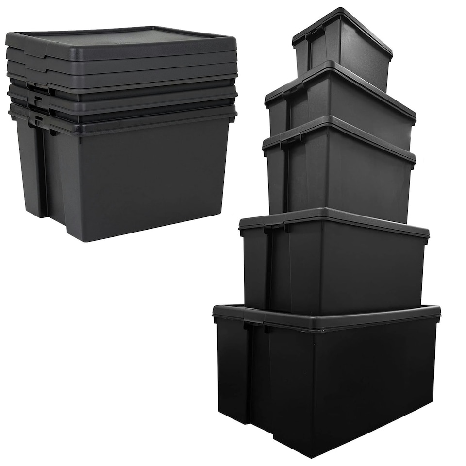 image 1 of 2 x 45L Extra Large Super Strong Black Impact Resistant Heavy Duty Plastic Storage Containers With Lid Black