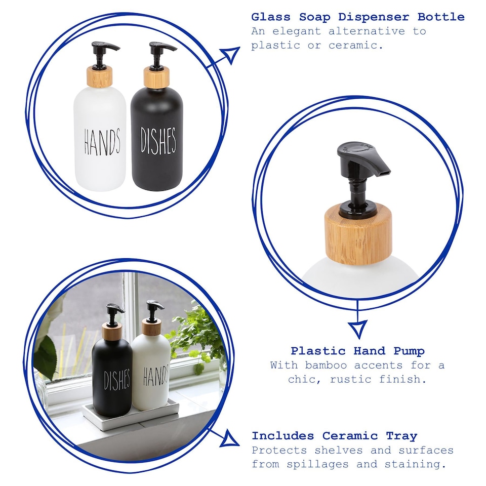 image 1 of Harbour Housewares 2pc Glass Hand & Dish Soap Dispenser Set with Ceramic Tray - 500ml - White/Black